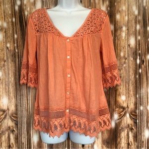 Venus Coral Crochet Lace 3/4 Sleeve Top